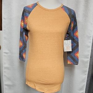 LuLaRoe Randy Tee Raglan Top with Geometric Print Sleeves Shirt